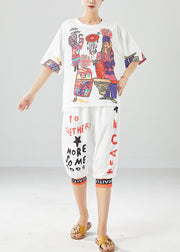 White Print Silk Tops And Pants Two Pieces Set Oversized Summer