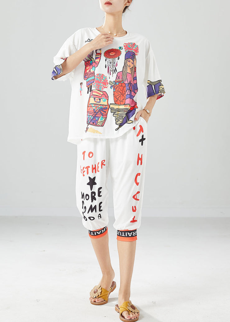 White Print Silk Tops And Pants Two Pieces Set Oversized Summer