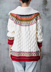 White Print Thick Knit Cardigan Peter Pan Collar Spring