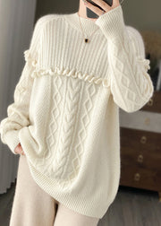 White Ruffled Patchwork Cozy Woolen Knit Pullover O Neck Spring