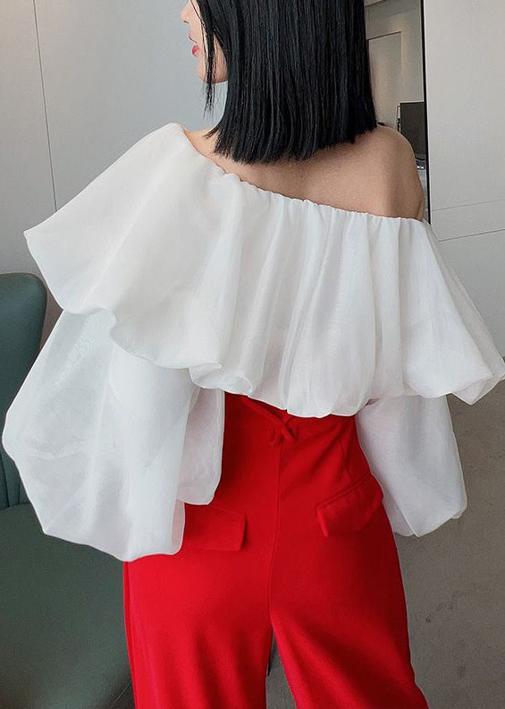 White Ruffled Solid Chiffon Shirts Slash Neck Puff Sleeve