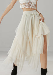 White Ruffleds Chiffon Skirt Elastic Waist Summer