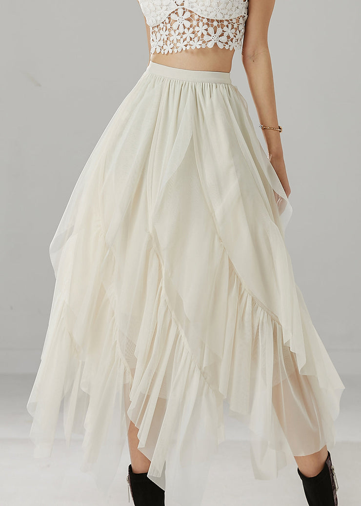 White Ruffleds Chiffon Skirt Elastic Waist Summer