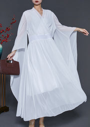 White Silm Fit Chiffon Dance Dress Flare Sleeve