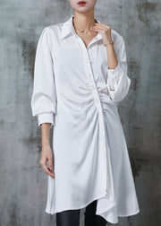 White Silm Fit Chiffon Dress Asymmetrical Wrinkled Spring