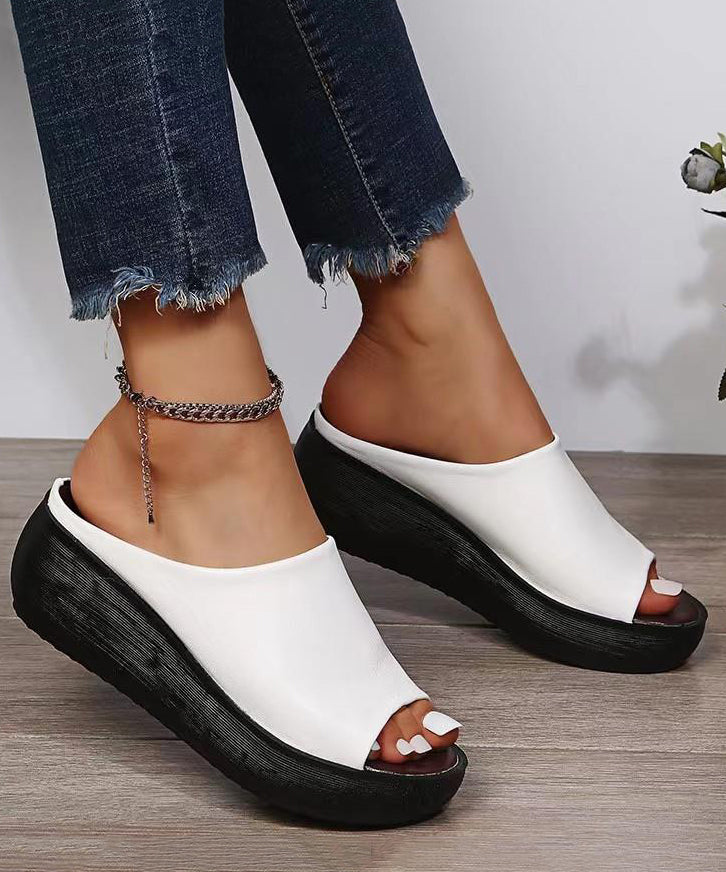 White Simple Style Wedge Slide Sandals Peep Toe