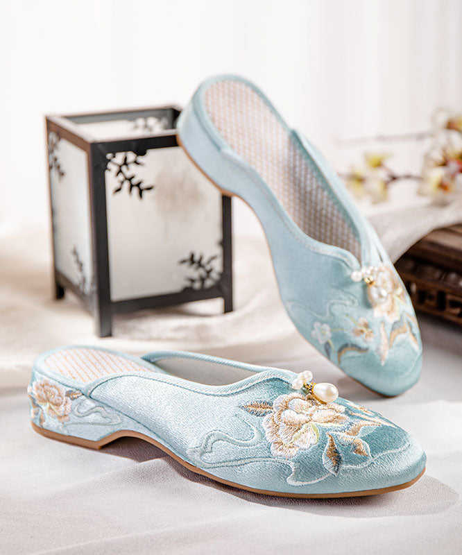 White Slide Sandals Chunky Cotton Fabric Comfortable Embroideried Splicing