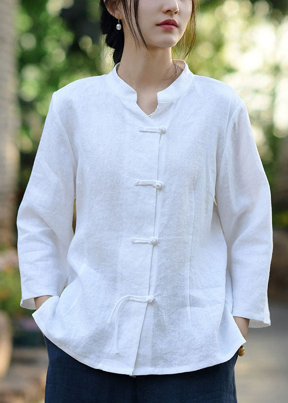 White Solid Button Linen Coats Stand Collar Spring