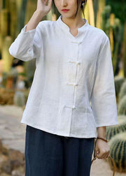 White Solid Button Linen Coats Stand Collar Spring