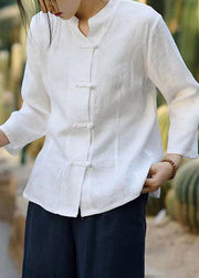 White Solid Button Linen Coats Stand Collar Spring