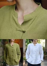 White Solid Button Linen Coats Stand Collar Spring