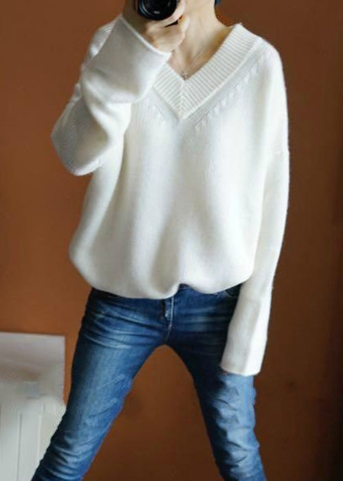 White Solid Cozy Knit Sweaters Top V Neck Spring