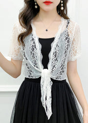 White Solid Hollow Out Lace Cardigan V Neck Short Sleeve