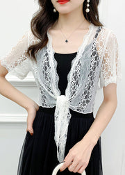 White Solid Hollow Out Lace Cardigan V Neck Short Sleeve