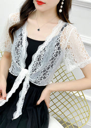 White Solid Hollow Out Lace Cardigan V Neck Short Sleeve