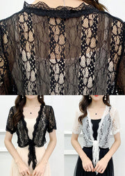 White Solid Hollow Out Lace Cardigan V Neck Short Sleeve