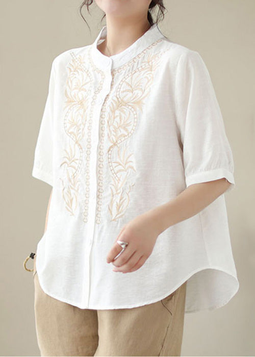 White Solid Patchwork Cotton Blouses Stand Collar Summer