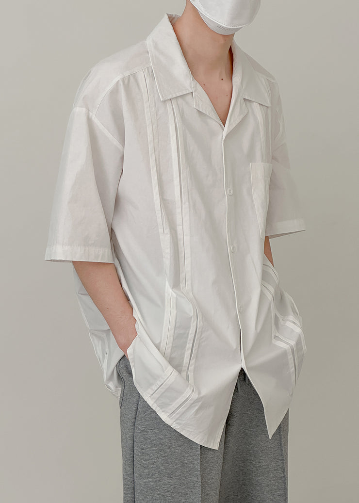 White Solid Pockets Cotton Men Shirt Peter Pan Collar Summer