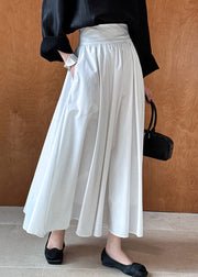 White Solid Pockets Cotton Pleated Skirt High Waist