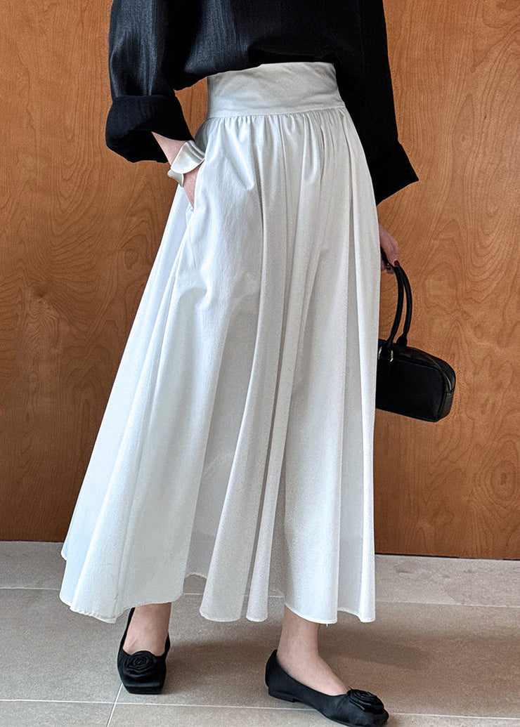 White Solid Pockets Cotton Pleated Skirt High Waist