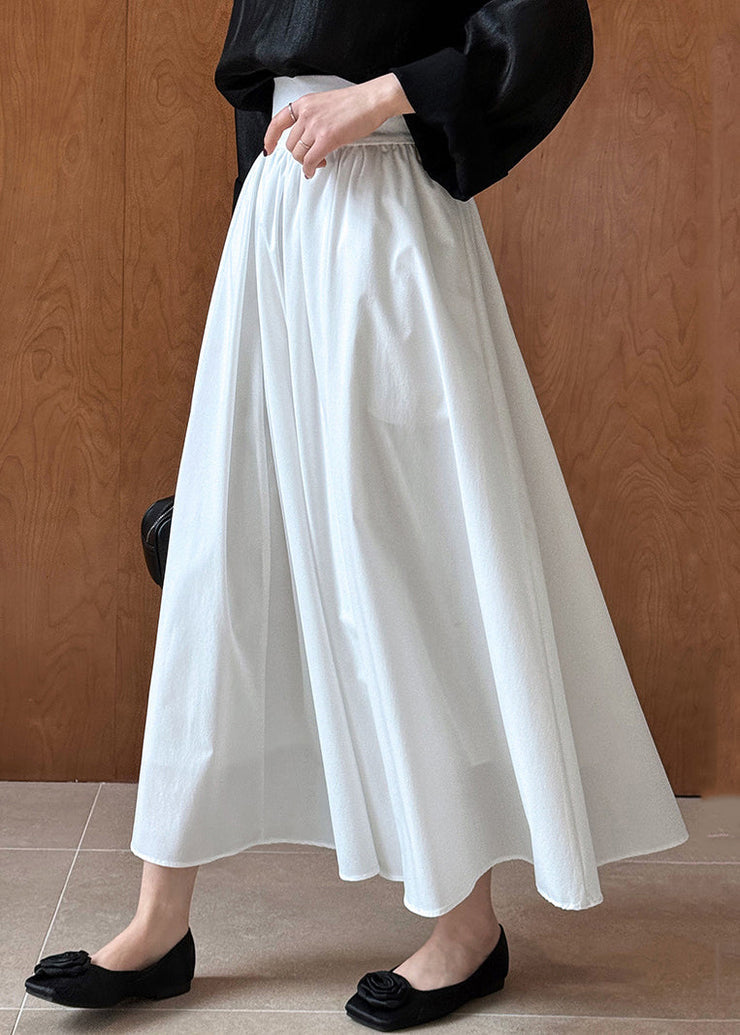 White Solid Pockets Cotton Pleated Skirt High Waist