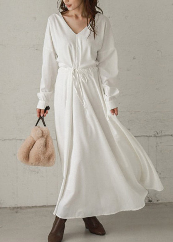 White Tie Waist Cotton Long Dresses Long Sleeve