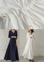 White Tie Waist Cotton Long Dresses Long Sleeve