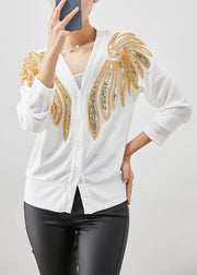 White Warm Cotton Cardigans Sequins Nail Bead Fall