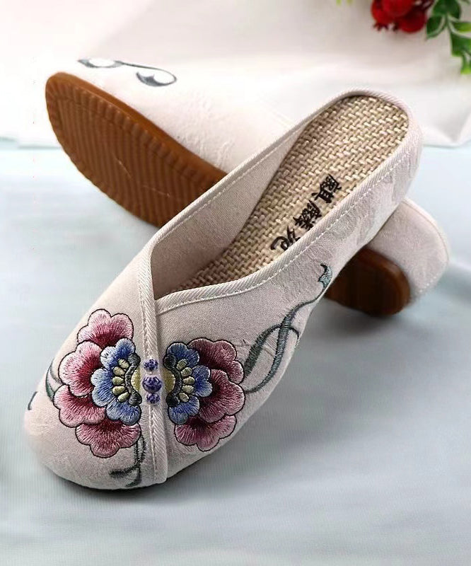 White Wedge Cotton Fabric Bohemian Embroidery Slide Sandals