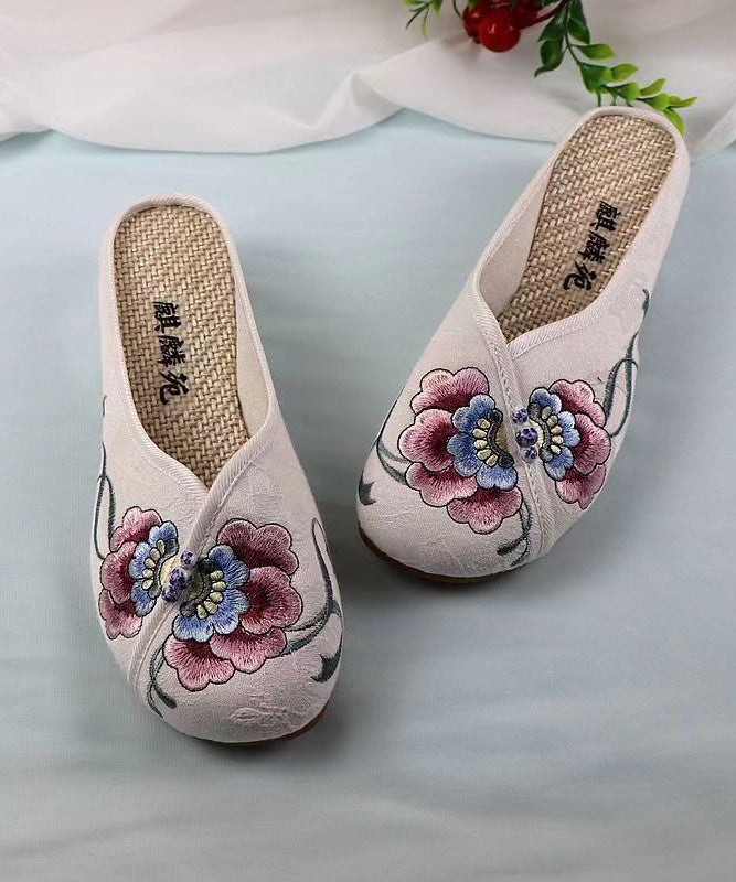 White Wedge Cotton Fabric Bohemian Embroidery Slide Sandals