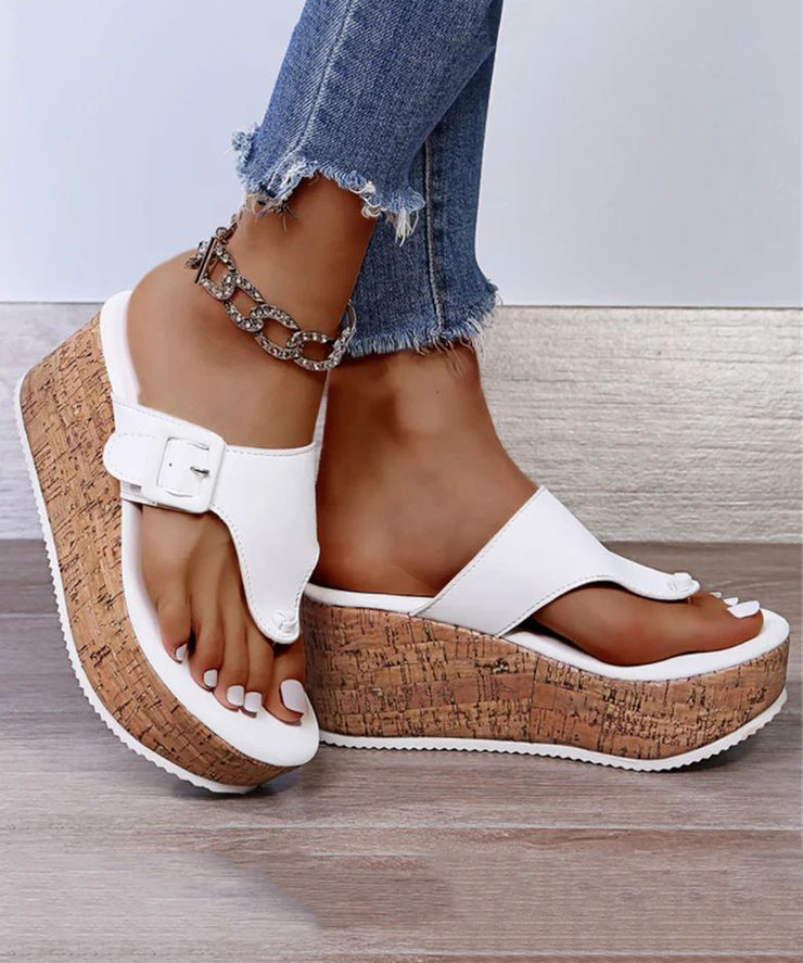 White Wedge Heels Boho Splicing Flip Flops Slide Sandals