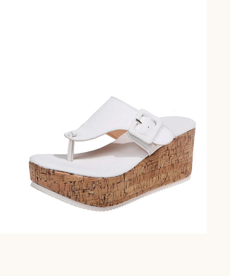 White Wedge Heels Boho Splicing Flip Flops Slide Sandals