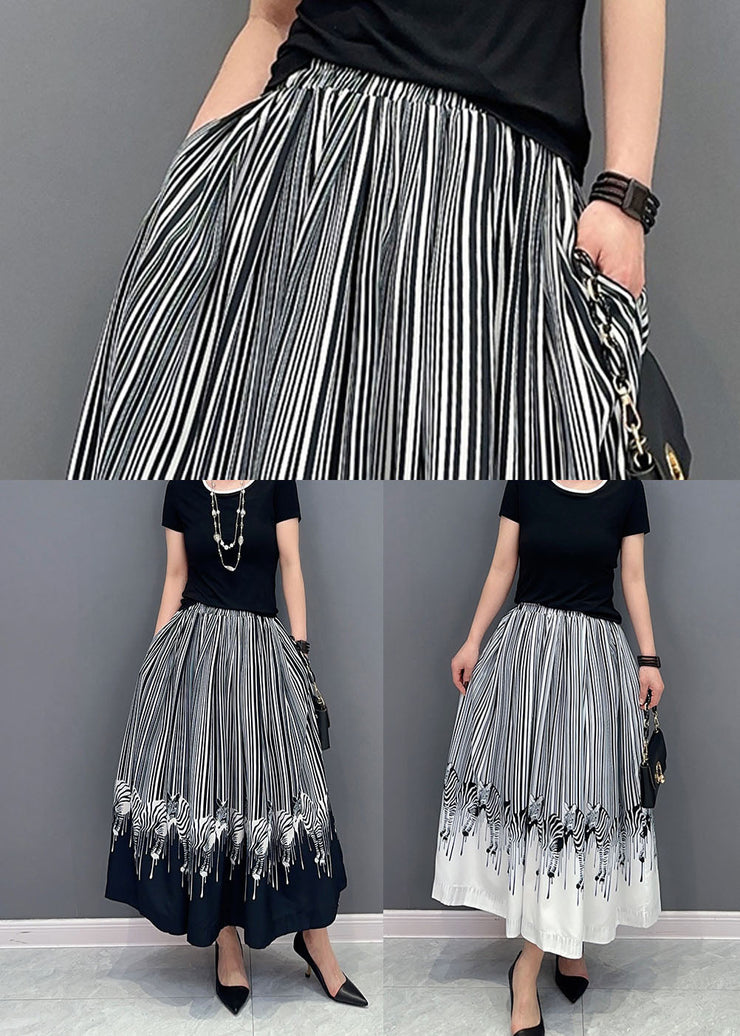 White Zebra Pattern Cotton A Line Skirt Elastic Waist Spring