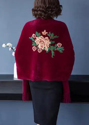 Wine Red Embroideried Tasseled Patchwork Mink Velvet Cardigans V Neck Long Sleeve