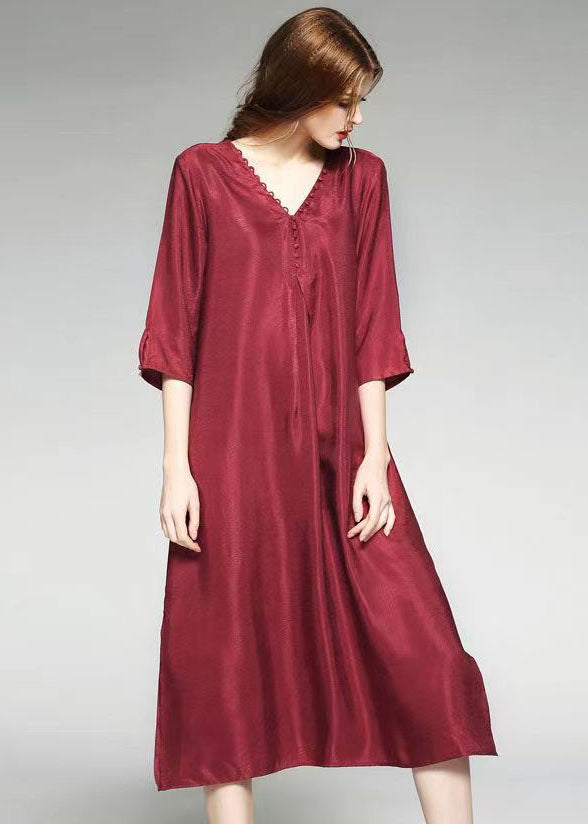 Wine Red Patchwork Silk Dress V Neck Side Open Bracelet Sleeve