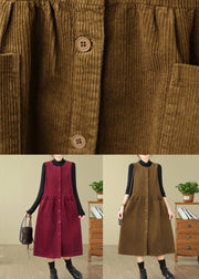 Wine Red Pockets Patchwork Corduroy Long Dresses O Neck Fall