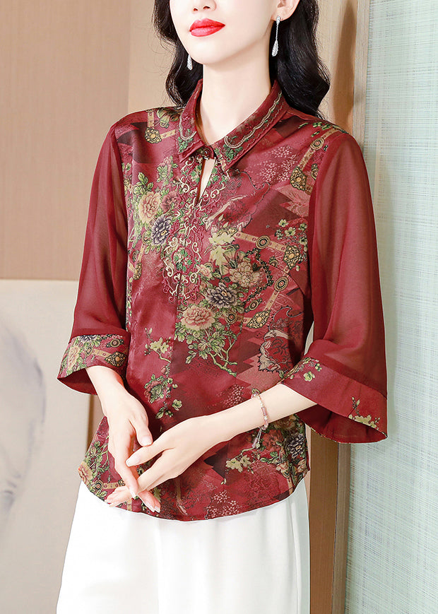 Wine Red Print Silk Blouses Peter Pan Collar Summer