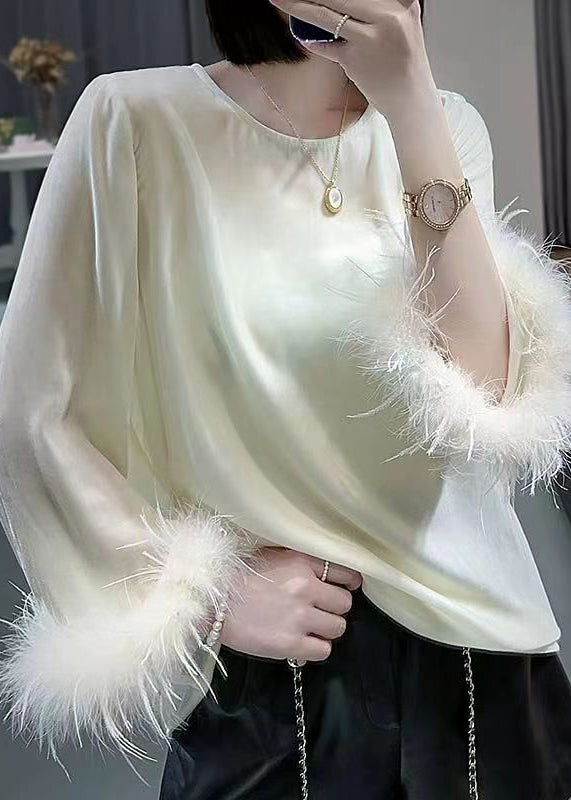 Women Apricot O Neck Patchwork Silk Velour Tops Long Sleeve