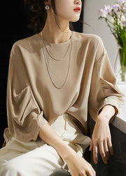 Women Apricot O-Neck Wrinkled Chiffon Top Long Sleeve