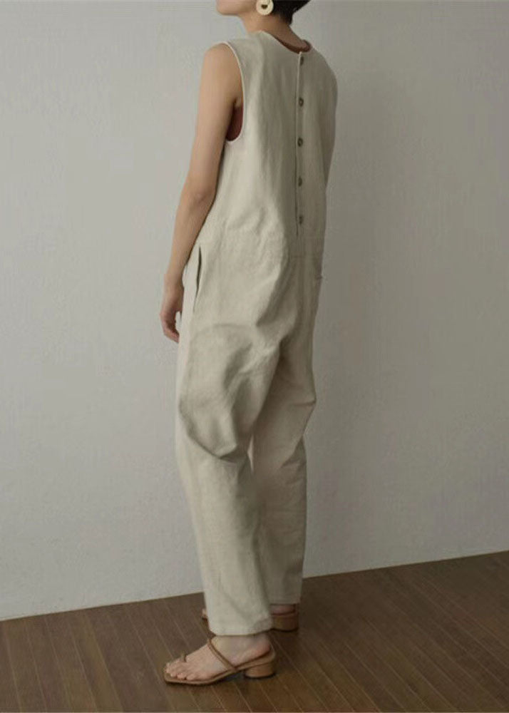 Women Apricot Pockets Patchwork Cotton Wide Leg Jumpsuits Sleeveless