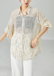 Women Apricot Sequins Tassel Tulle UPF 50+ Shirt Top Summer