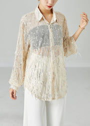 Women Apricot Sequins Tassel Tulle UPF 50+ Shirt Top Summer