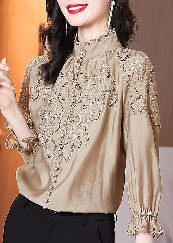 Women Apricot Stand Collar Embroideried Patchwork Cotton Top Spring