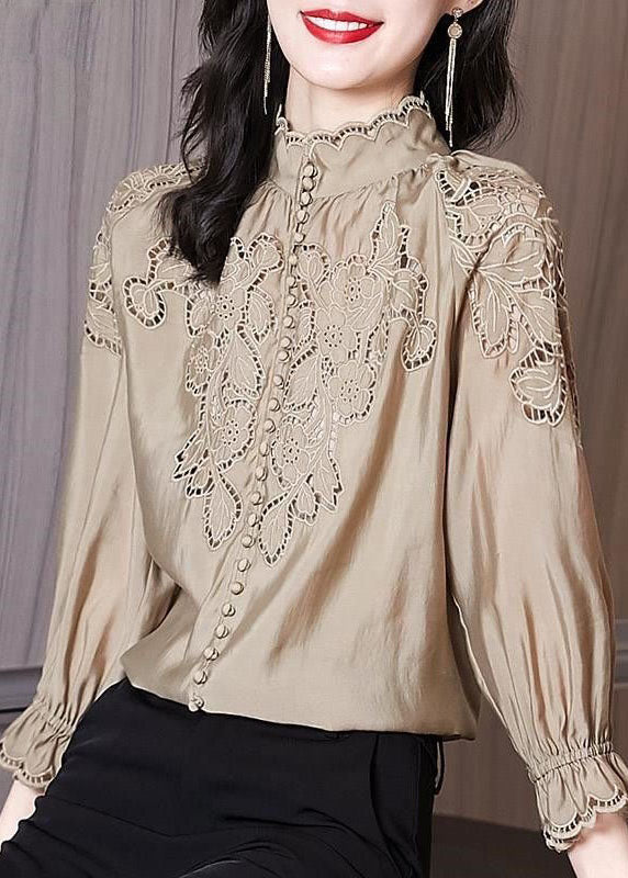 Women Apricot Stand Collar Embroideried Patchwork Cotton Top Spring