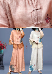 Women Apricot Stand Collar Tulle Patchwork Linen Shirts And Wide Leg Pants Two Pieces Set Long Sleeve