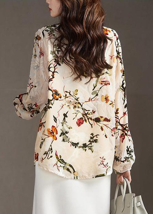 Women Apricot V Neck Button Print Silk Velour Shirt Spring