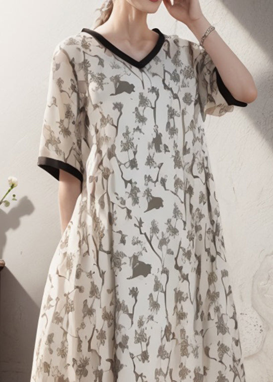 Women Apricot V Neck Print Patchwork Plus Size Silk Dress Summer