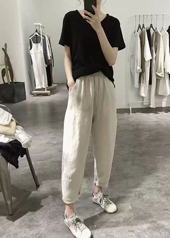 Women Apricot Wrinkled Pockets Elastic Waist Linen Crop Pants Summer