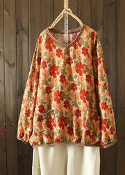 Women Apricot Yellow V Neck Print Knirt Patchwork T Shirt Long Sleeve