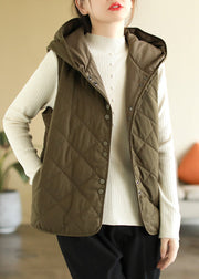 Women Army Green Hooded Button Pockets Cotton Filled Waistcoat Sleeveless